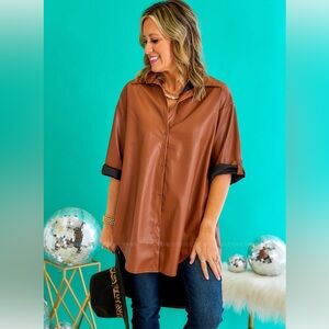 Faux Leather Button-Up Top